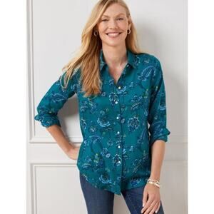 Talbots Cotton Button Front Shirt Size Medium Petite Fascinating Floral Teal